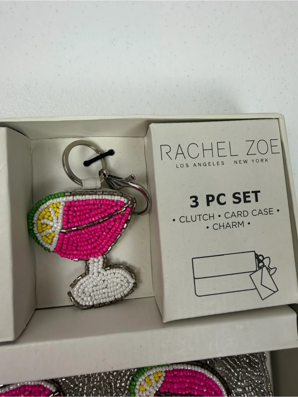 NWT‎ $98 Rachel Zoe 3 Pc Set Beaded Pink Margarita Silver Clutch Card Case Charm
